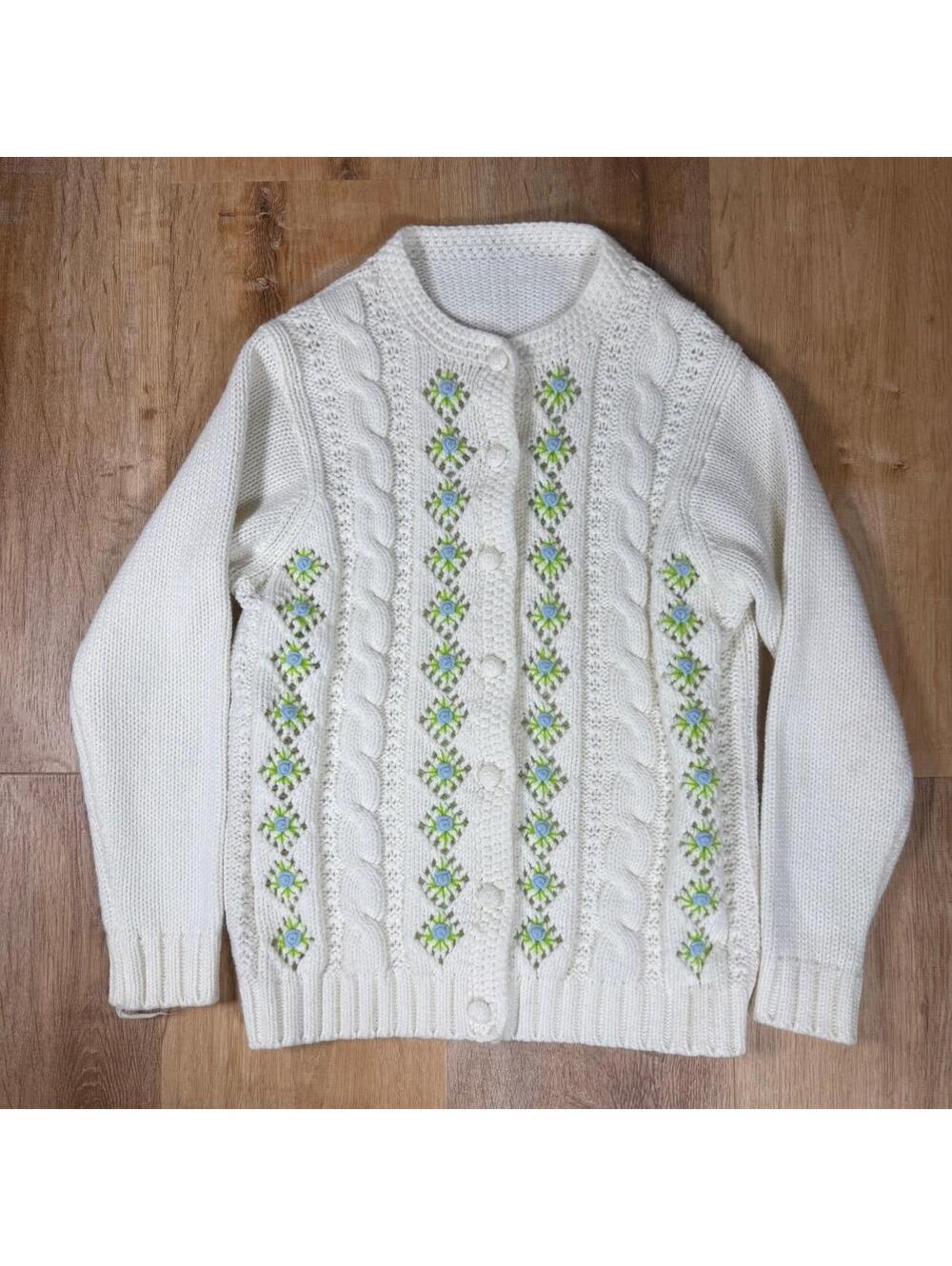 Cable Knit Cardigan – Cream Floral Embroidery (M)